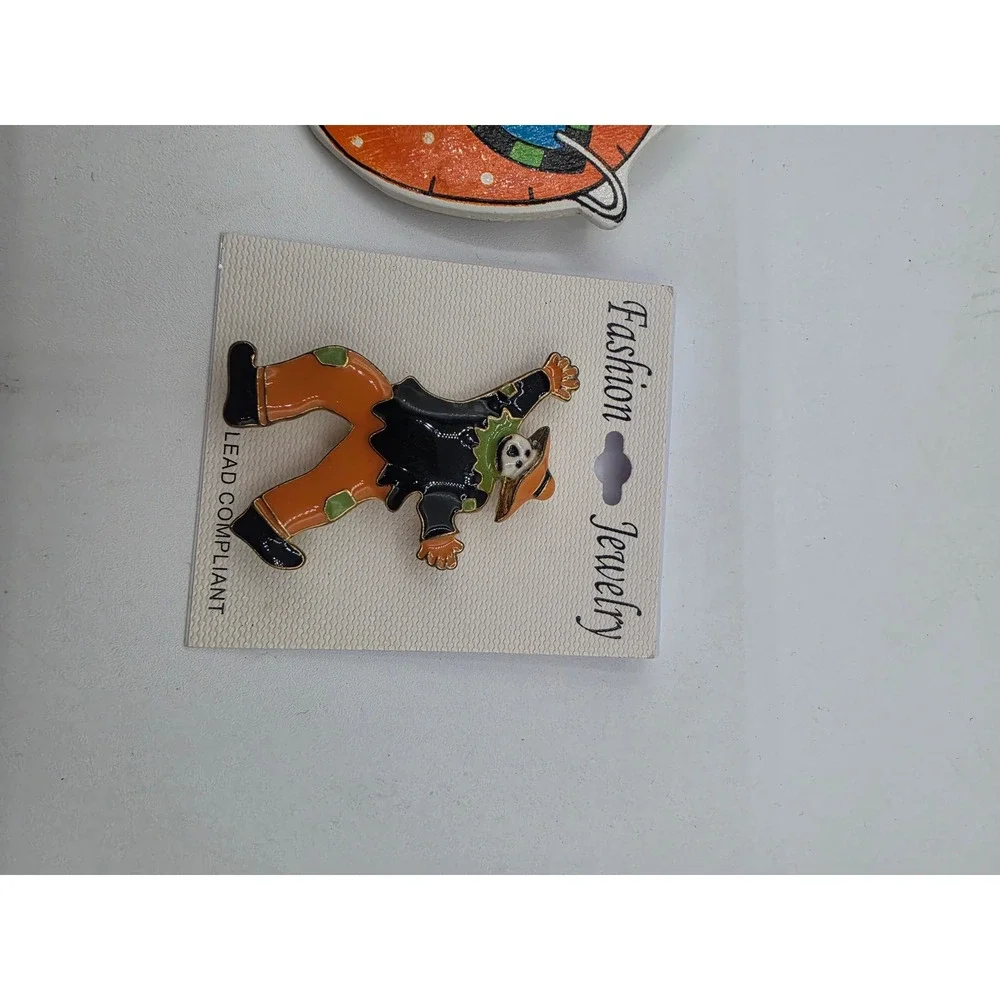 Halloween Brooch Set Wooden Masked Pumpkin and Enamel Scarecrow Pins